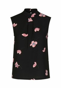 Sort ærmeløs bluse med høj halsudskæring, prydet med pink blomsterbroderi og en detalje med plissé fortil. Glat stof med en let tekstur.