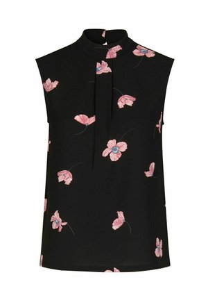 Sort ærmeløs bluse med høj halsudskæring, prydet med pink blomsterbroderi og en detalje med plissé fortil. Glat stof med en let tekstur.