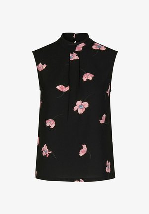 Sort ærmeløs bluse med høj halsudskæring, prydet med pink blomsterbroderi og en detalje med plissé fortil. Glat stof med en let tekstur.