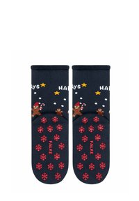 Marineblaue Socken mit Lebkuchenmann-Designs, Schneeflocken und Text. Mit rutschfesten Sohlen in Rot, weicher Textur und gerippten Bündchen.
