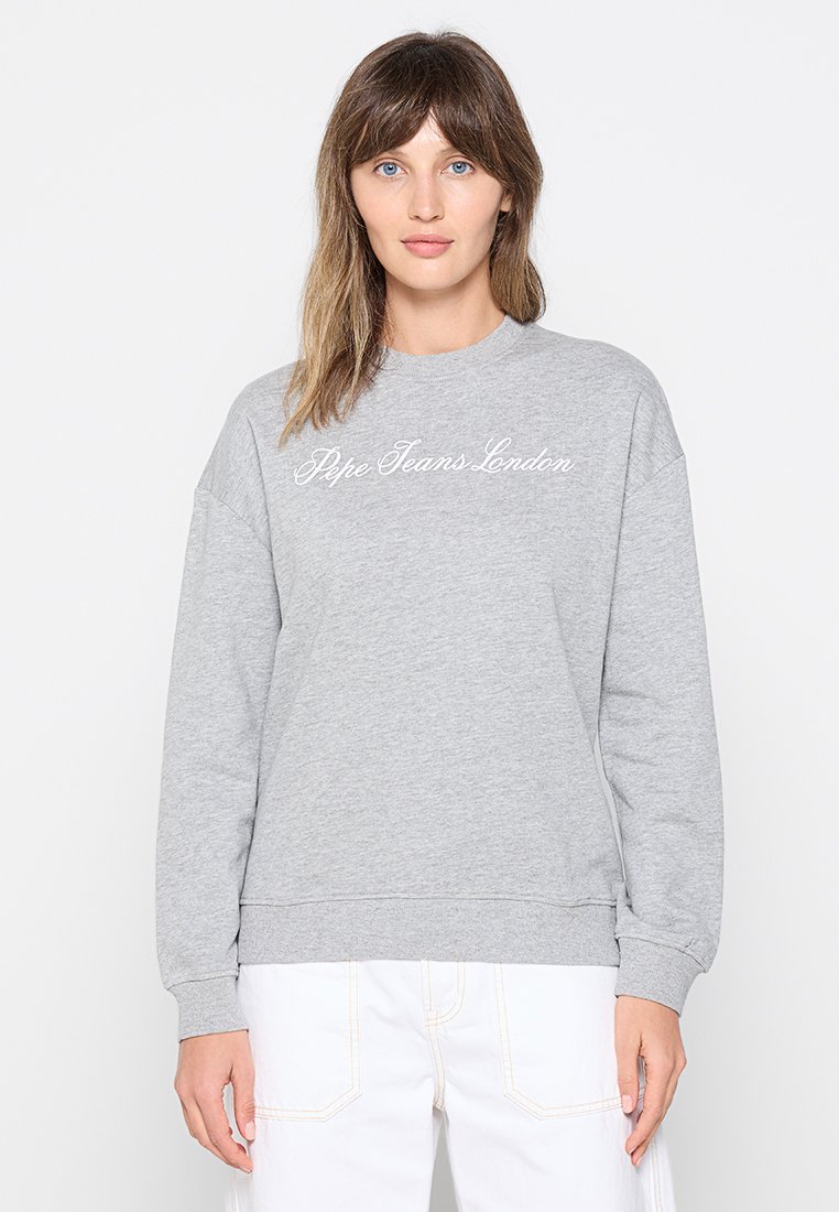 Grijze sweatshirt van zacht materiaal met lange mouwen en een ronde hals. Voorzien van "Pepe Jeans London" in cursieve witte letters.