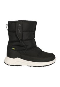 Schwarze Winterstiefel mit gestepptem Design, wasserdichtem Material und weißer Sohle. Verfügt über einen seitlichen Reißverschluss und ein Logo im oberen Bereich.