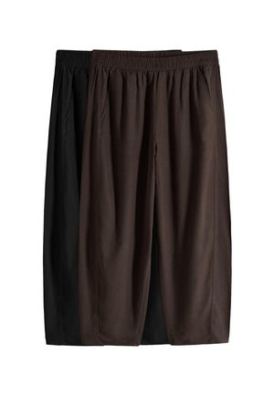 Dos pares de pantalones de corte holgado con cinturillas elásticas, uno marrón oscuro al frente y otro negro detrás, mostrados contra un fondo blanco.