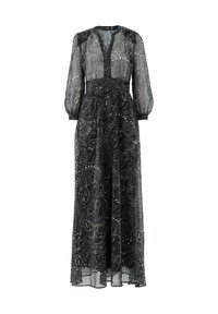 Maxi dress nera trasparente con motivo paisley blu e bianco, scollatura a V, maniche lunghe a sbuffo e silhouette fluida.