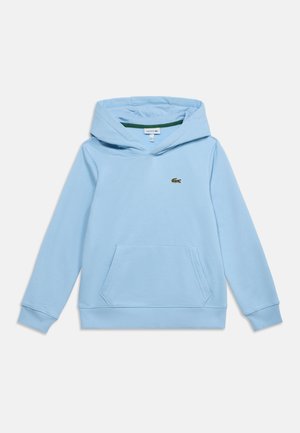 Sweat à capuche bleu clair avec poche avant et petit logo crocodile vert brodé sur la poitrine.