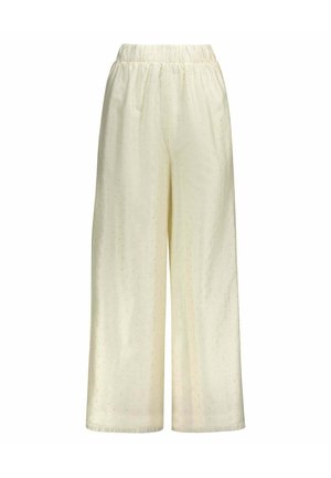 Roomkleurige wijde broek met elastische tailleband en subtiel stippenpatroon, weergegeven op een witte achtergrond.