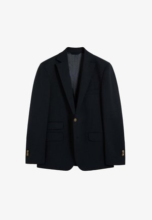 Blazer negro de una sola hilera con solapas con muesca, dos bolsillos frontales con solapa, un bolsillo en el pecho y botones de tono dorado en el frente y los puños.