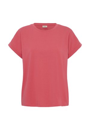 T-shirt corail à manches courtes, col rond, avec revers aux manches et coupe ample.