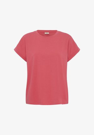 T-shirt corail à manches courtes, col rond, avec revers aux manches et coupe ample.