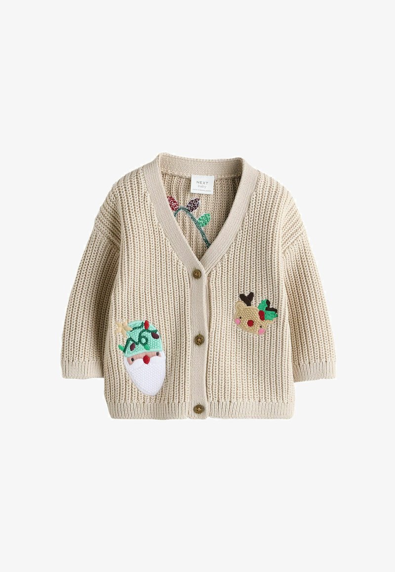 Cardigan lavorato a maglia beige con scollo a V, bottoni in legno, con applicazioni di Babbo Natale e una renna sul davanti. Tessuto morbido.