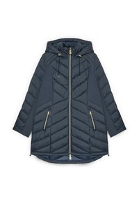 Chaqueta acolchada de color navy con un patrón en chevron, capucha ajustable, dos bolsillos con cremallera y detalles en dorado en las cremalleras.