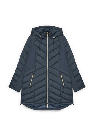 Puffiger navyblauer Jacke mit einem gesteppten Chevron-Muster, verstellbare Kapuze, zwei Reißverschlusstaschen und goldenen Akzenten an den Reißverschlüssen.