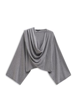 Grauer, kurz geschnittener Pullover mit drapierter Halslinie, weiten Ärmeln, weichem Material und leichtem Glanz. Besitzt ein kleines Logo am Saum.