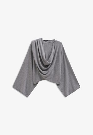 Gray cropped sweater with draped neckline, wide sleeves, soft texture, and a slight sheen. Features a small logo at the hem.