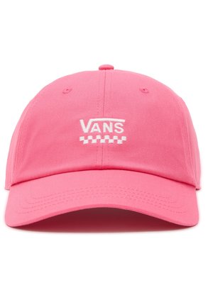 Casquette de baseball rose avec logo Vans blanc et motif damier au centre avant, présentée sur fond blanc.