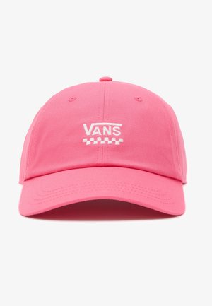 Cappellino da baseball rosa con logo Vans bianco e motivo a scacchiera al centro davanti, visualizzato su sfondo bianco.