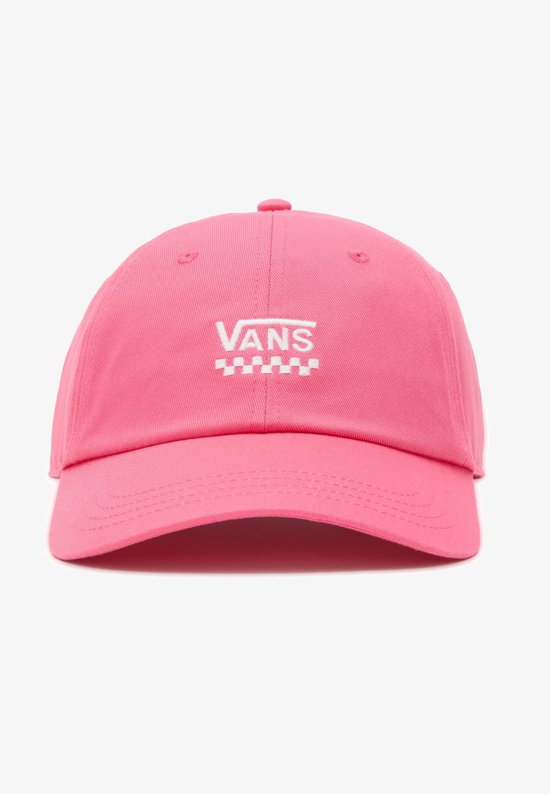 Casquette de baseball rose avec logo Vans blanc et motif damier au centre avant, présentée sur fond blanc.