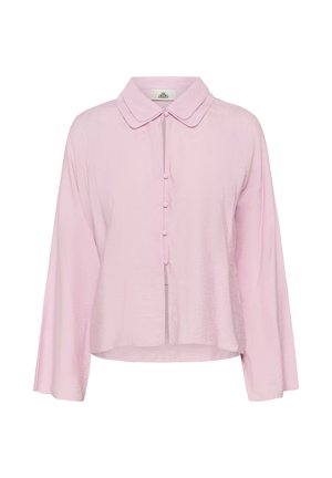 Light pink long-sleeve blouse with rounded collar and five fabric-covered buttons down the front, slightly cropped length.