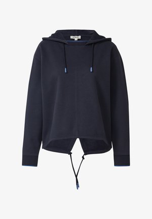 Marineblauwe hoodie met lange mouwen en trekkoorden aan de capuchon en zoom, voorzien van een high-low zoomontwerp en blauwgeklede koordeinden.