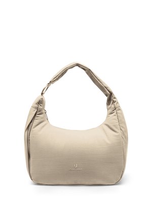 Beige Schultertasche mit gepolstertem Riemen, Reißverschluss und kleinem "Johnny Urban" Logo in der vorderen Mitte.
