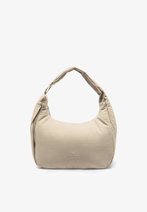 Beige Schultertasche mit gepolstertem Riemen, Reißverschluss und kleinem "Johnny Urban" Logo in der vorderen Mitte.