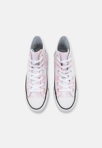 High-top canvas sneakers featuring a white background with pink wave patterns, black rubber soles, and white laces.