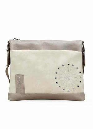 Bolso bandolera beige y topo con tachuelas metálicas decorativas en patrón circular y etiqueta de la marca BOSANOVA en el frente.