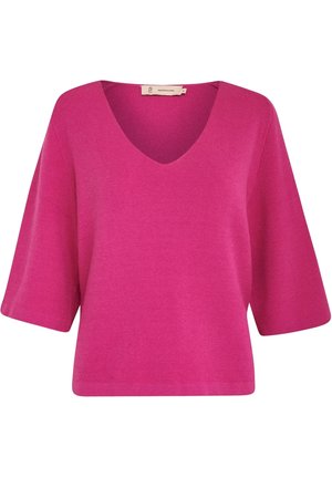 Fuchsia sweater med V-hals, korte brede ærmer og en afslappet pasform. Fremstillet af blødt stof med en glat overflade.