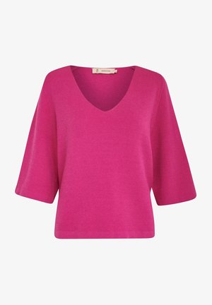 Fuchsia sweater med V-hals, korte brede ærmer og en afslappet pasform. Fremstillet af blødt stof med en glat overflade.