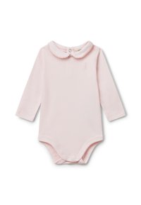 Dětský overal s dlouhým rukávem v světle růžové barvě z bavlny, se zdobeným límečkem a jemnou výšivkou králíčka na hrudi. Zapínání na patentky v dolní části.