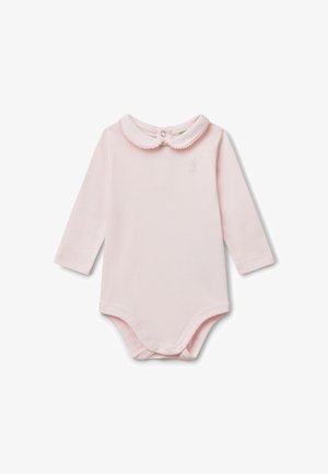 Body neonato a maniche lunghe in cotone rosa chiaro con colletto ondulato e un delicato ricamo di coniglio sul petto. Chiusure a scatto sul fondo.