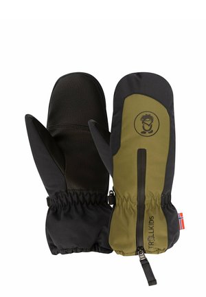 Pair of black and olive green children's mittens with elastic wrists, a zipper on one mitten, and a small Norwegian flag tag.