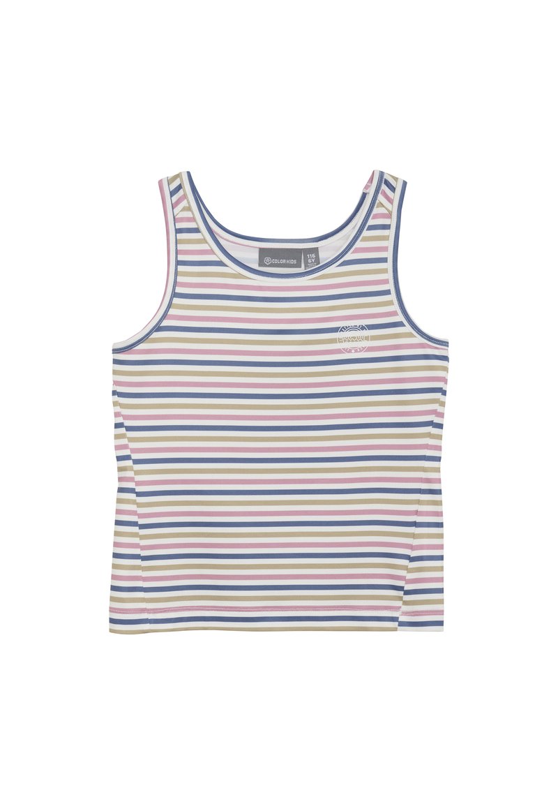 Randig linne i pastellfärger, med horisontella linjer i rosa, blått och krämfärgat. Mjukt tyg med rund halsringning och utan ärmar.