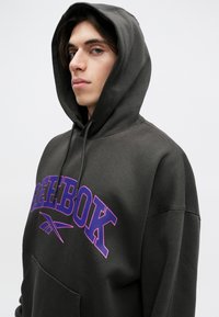 Tumši pelēkas krāsas kapuce ar lielu purpura "REEBOK" logo krūšu daļā. Izgatavota ar priekšējo kabatu un regulējamu kapuces auklu.