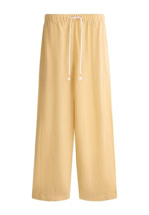 Pantaloni largi de culoare galben deschis, cu talie elastică și șnur alb, cu buzunare aplicate în față.