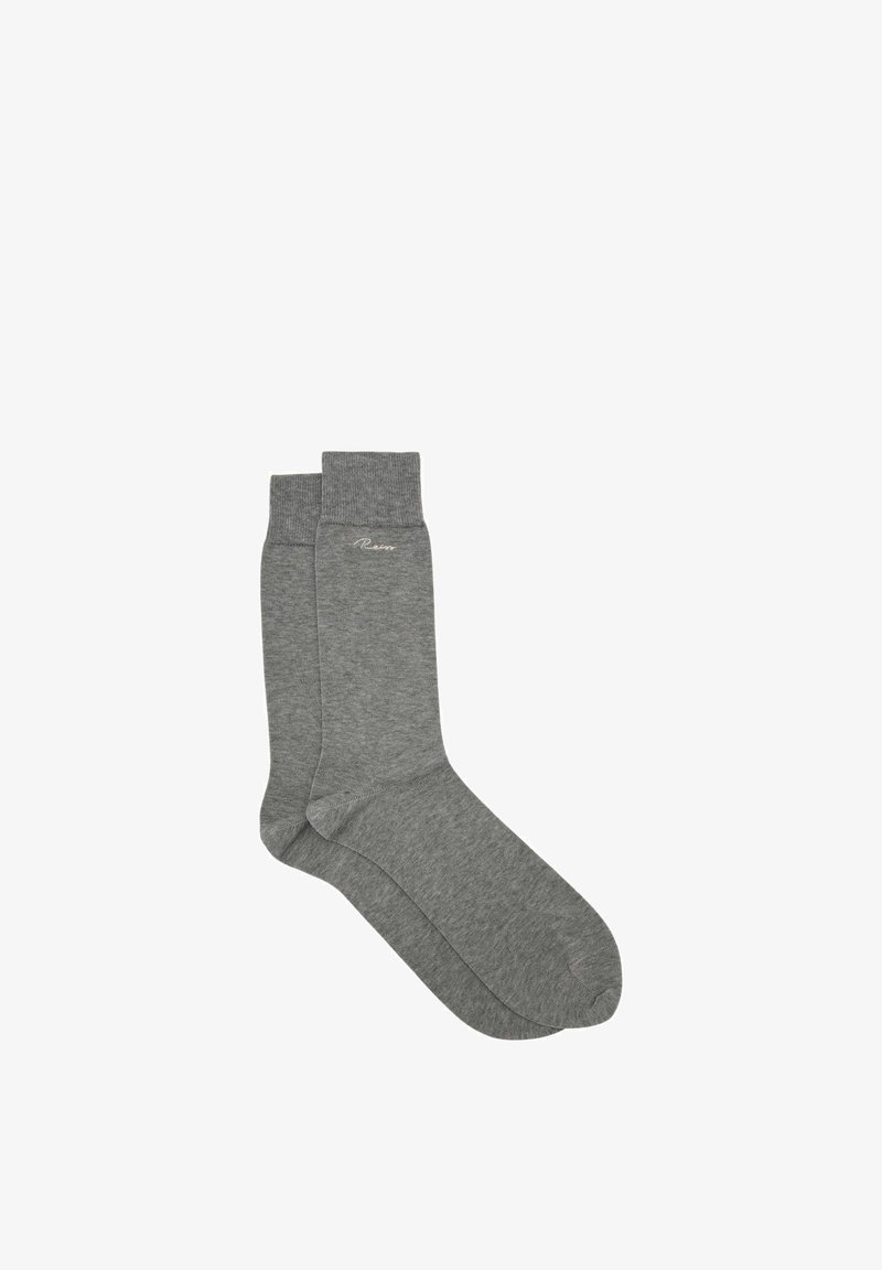 Paire de chaussettes grises unies à bordures côtelées avec un petit logo cursif blanc près du haut.