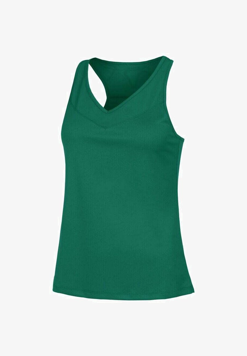 Camiseta atlética sin mangas de color verde con escote en V y diseño de espalda cruzada, hecha de un tejido suave y elástico.