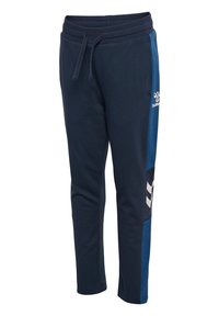 Marinen sweatpants med slim fit, elastisk midja, sidfickor och en blå sidpanel med en logotyp och mönstrade detaljer.