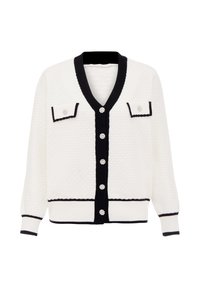 Cardigan alb cu textură, cu accente negre, de tip V, cu două buzunare pe piept și nasturi embellizați. Are manșete și tiv ribbate.