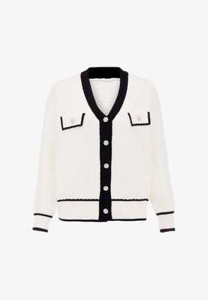 Cardigan alb cu textură, cu accente negre, de tip V, cu două buzunare pe piept și nasturi embellizați. Are manșete și tiv ribbate.