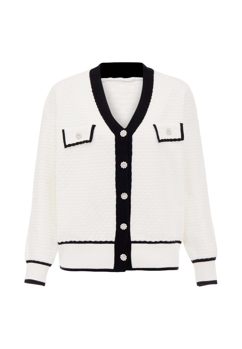 Cardigan alb cu textură, cu accente negre, de tip V, cu două buzunare pe piept și nasturi embellizați. Are manșete și tiv ribbate.