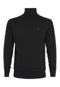 Svart stickad polotröja med ett strukturerat rutmönster, ribbade ärmslut och fåll, med en liten logotyp på bröstet.