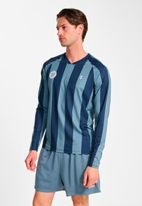 Marinblå och teal-randig sporttröja med långa ärmar och v-ringning med logotyp på bröstet, kombinerad med ljusgrå mesh atletshorts.