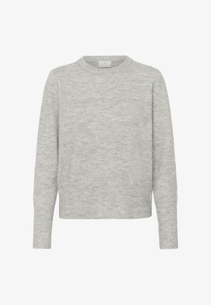 Lichtgrijze trui van zacht, textuurstof. Heeft een ronde hals en lange mouwen. Geribbelde zoom en boorden geven een subtiele detail.