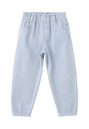 Pantalon enfant bleu clair avec taille élastique, poches avant, fermeture à boutons et jambes fuselées.