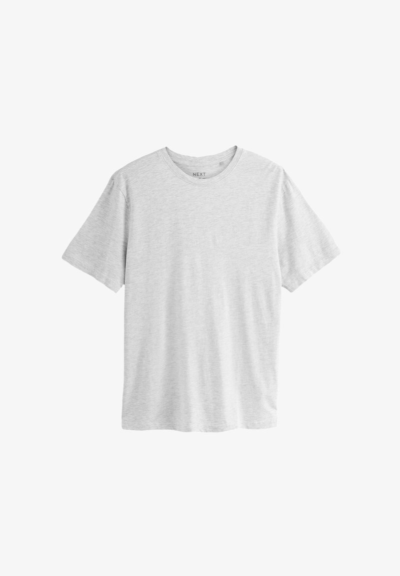 Grå kortærmet t-shirt i en bomuldsblanding, med rund hals og en enkel, jævn tekstur med minimal detalje.