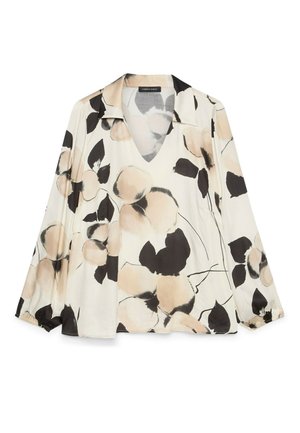Crèmekleurige blouse met lange mouwen, uitgevoerd met een beige en zwart abstract bloemenpatroon, kraag en V-hals, met licht geplooide manchetten.