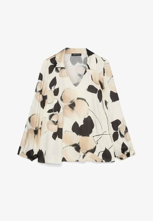 Bluză crem cu mâneci lungi, imprimeu floral abstract bej și negru, cu guler și decolteu în V, manșete ușor adunate.
