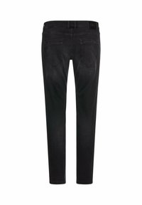 Schwarze Denim-Jeans mit slim Fit, ausgestattet mit zwei Gesäßtaschen und einem schlichten Bund. Der Stoff zeigt eine leichte Textur und subtile Verblassungen.