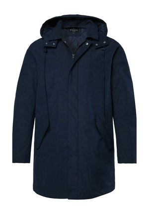 Parka imperméable bleu marine avec capuche à cordon, fermeture éclair frontale et deux poches latérales ; texture lisse avec des accents matériels minimalistes.